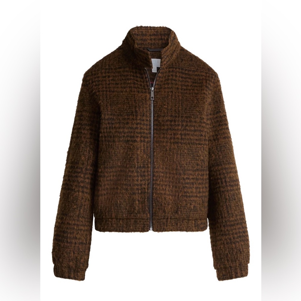 Time and Tru Faux Wool Bomber Jacket M Medium NWT Brown Houndstooth Plaid Zip Up - Picture 5 of 6